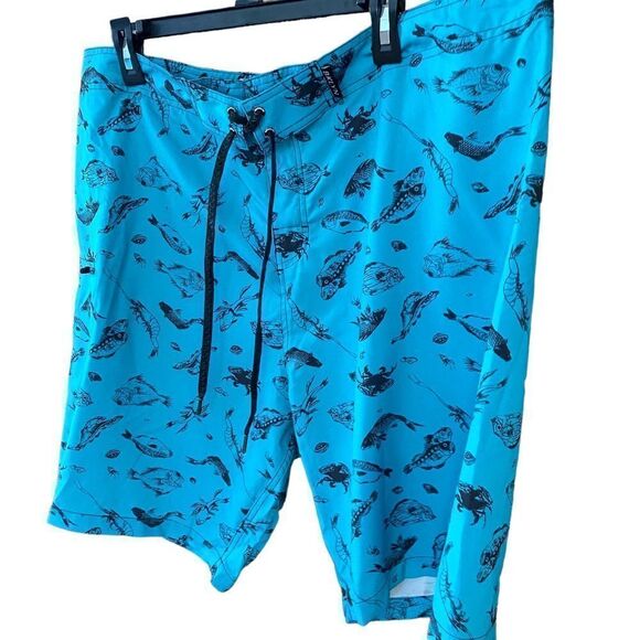 Brooklyn Cloth Sz 36” NWT Blue Black Fish Print Lace Up Surfing Board Shorts - Picture 3 of 9